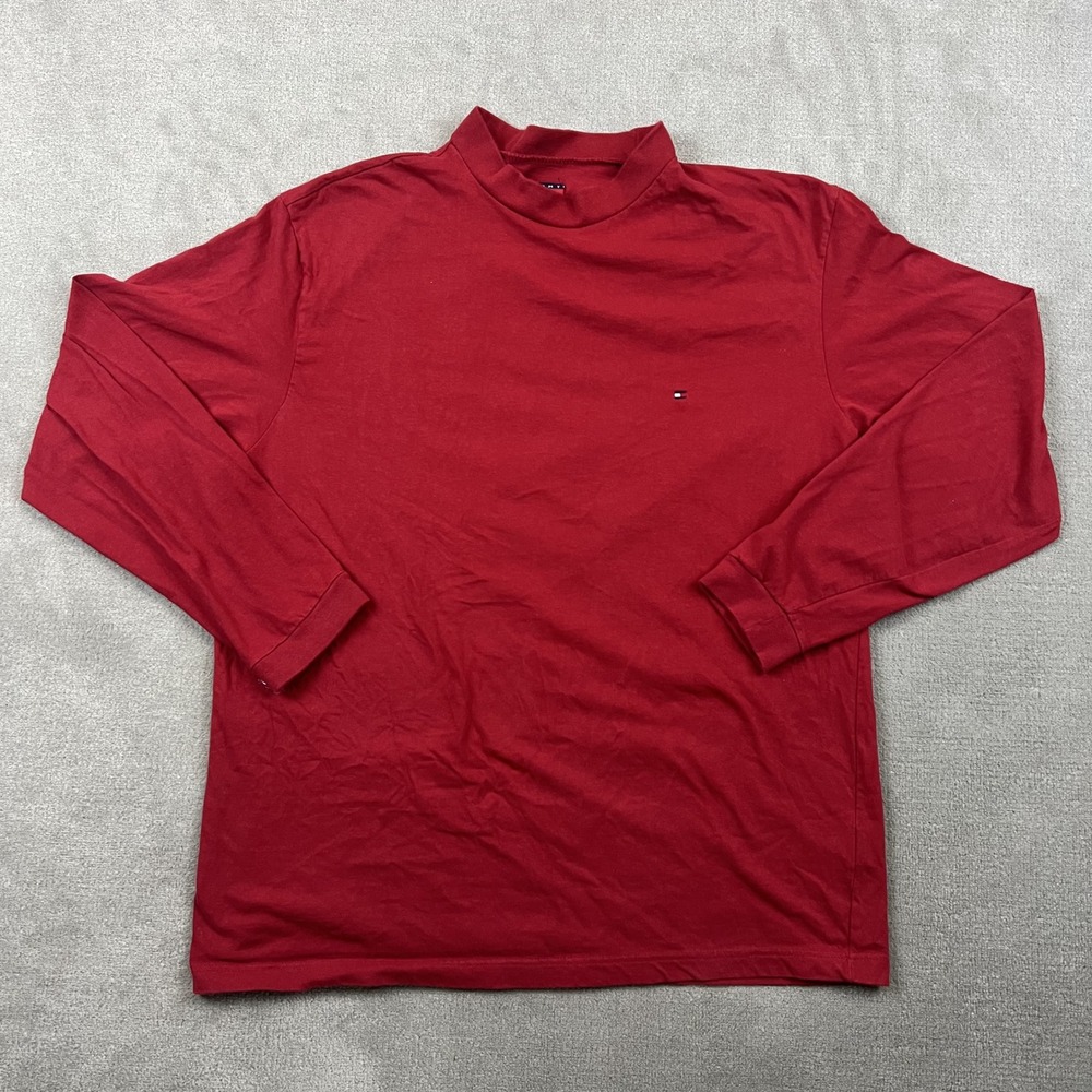 Tommy Hilfiger Mock Neck Shirt Mens Large Red Long Sleeve Cotton Flag Logo Tee